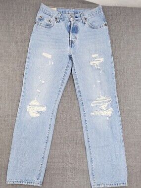 Levis 501 Button Fly Distressed Light Wash 100%Cotton Denim Jeans.  25 × 30